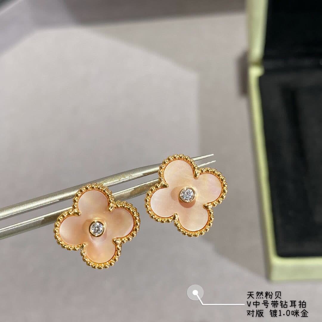 Van Cleef & Arpels Alhambra Earrings with Pink Opal and Diamond